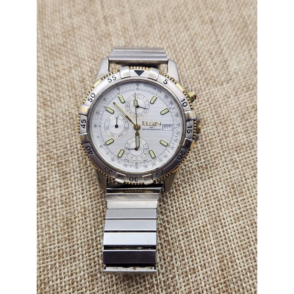 ELGIN FS321B Chrono Day/Date/Month Two-Tone Unisex Wristwatch New Battery
